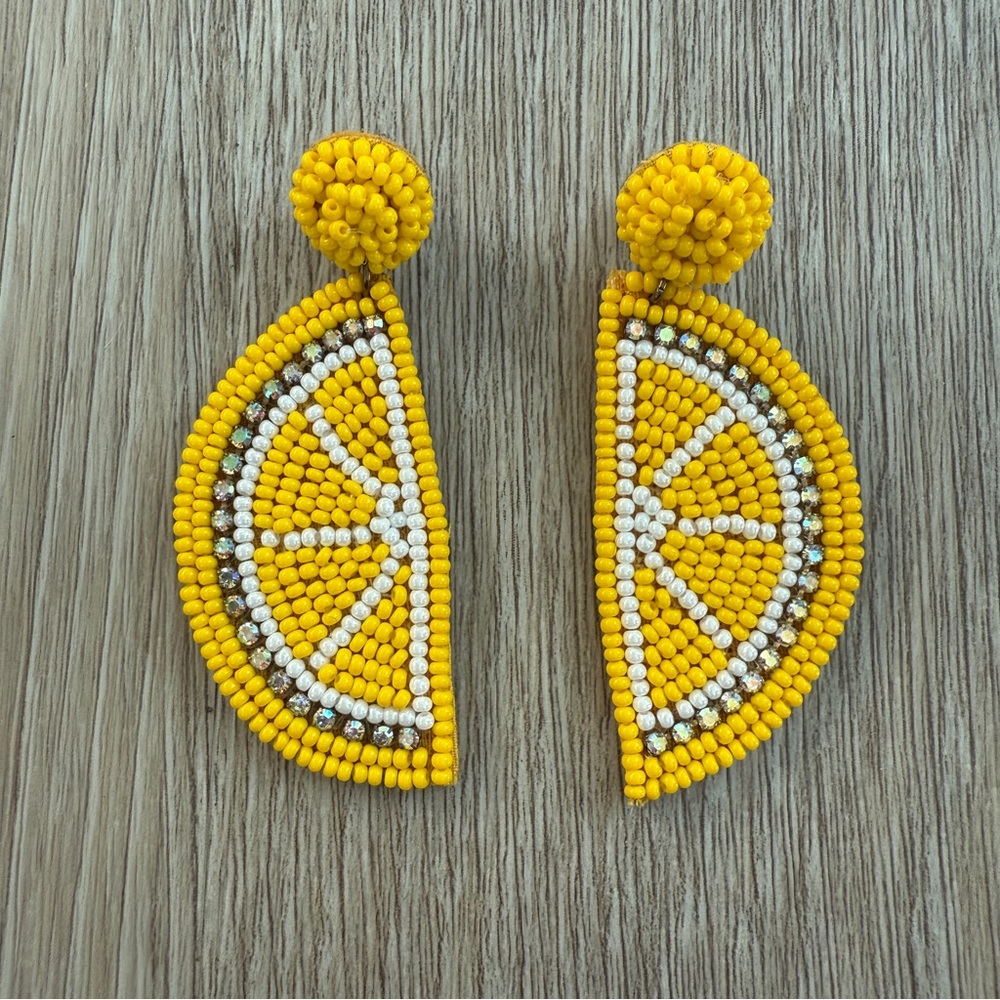 Yellow Beaded Lemon Slice Earrings